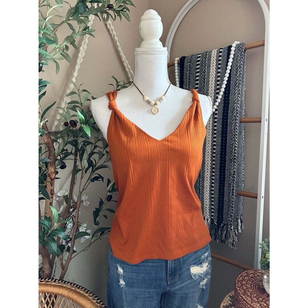 H&M Burnt Orange Ribbed Tank Top Knot Strap Sleeveless Medium